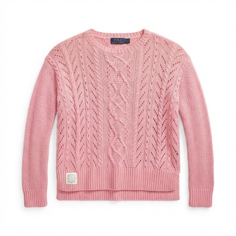 Polo Ralph Lauren Sweater Girls Medium Pink Linen Pointelle Cable Knit Crew Neck